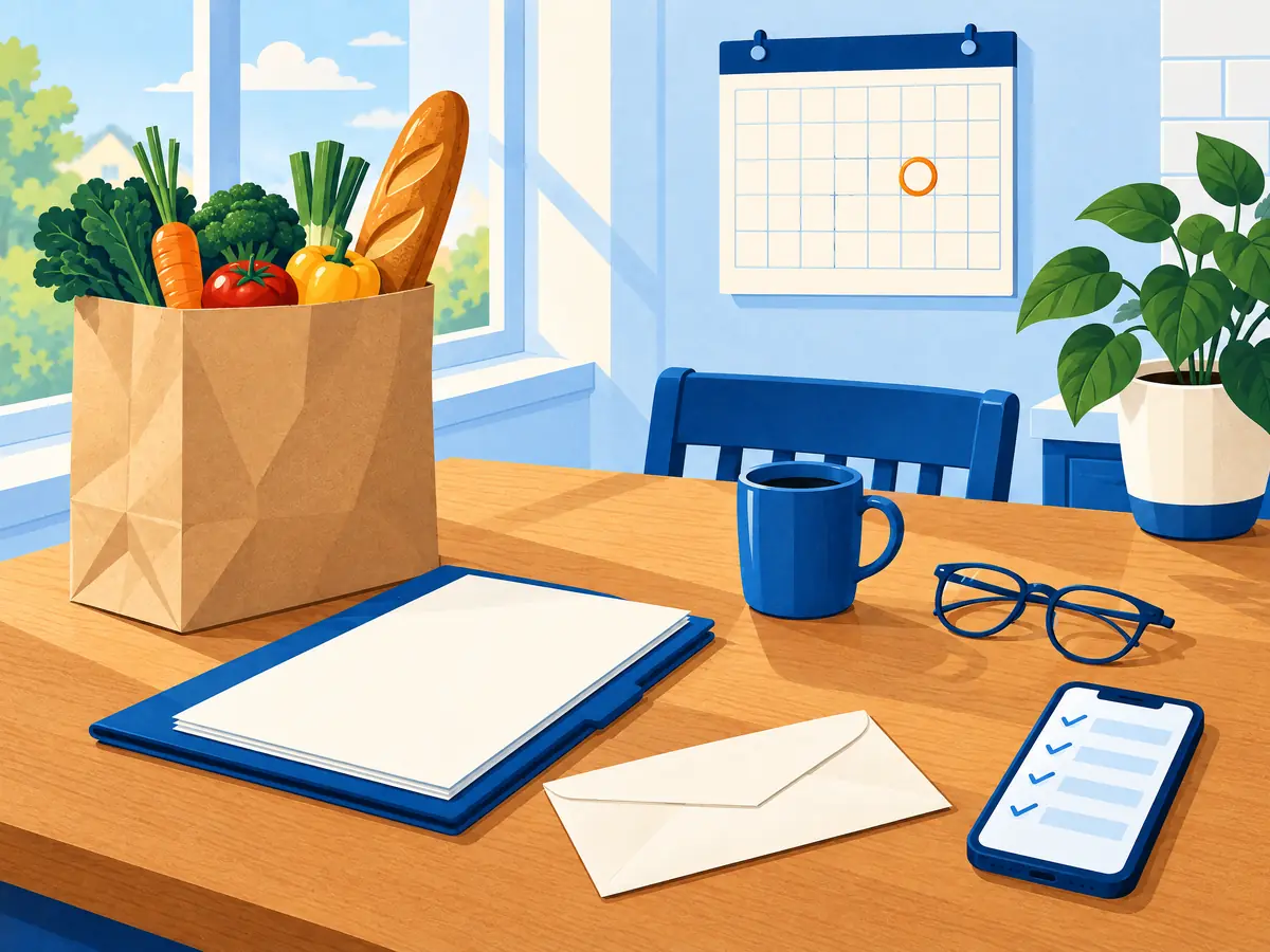 Illustration of a kitchen table with a bag of groceries, a folder of papers, an envelope, a phone checklist and a wall calendar with one date circled